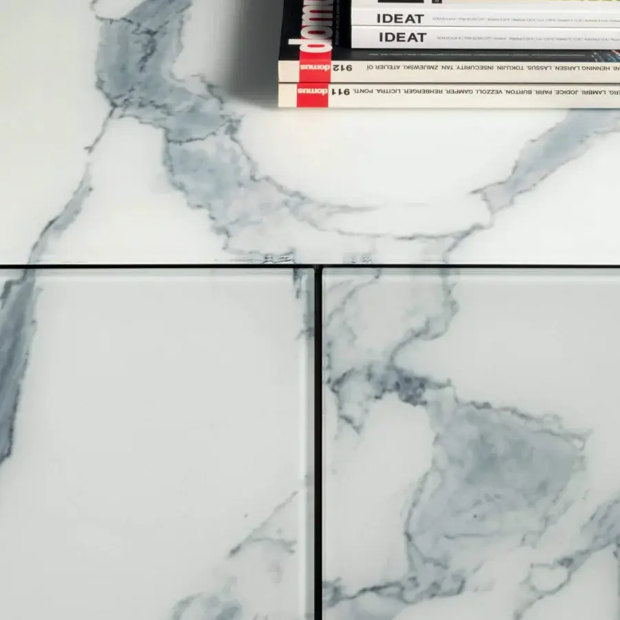 Exceptional Lago Materia sideboard with legs showcasing white XGlass marble and a smooth, refined finish