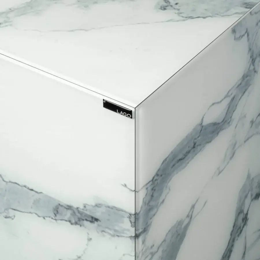 Distinguished Lago Materia sideboard with legs exhibiting white XGlass marble finish and grey veins throughout its linear design