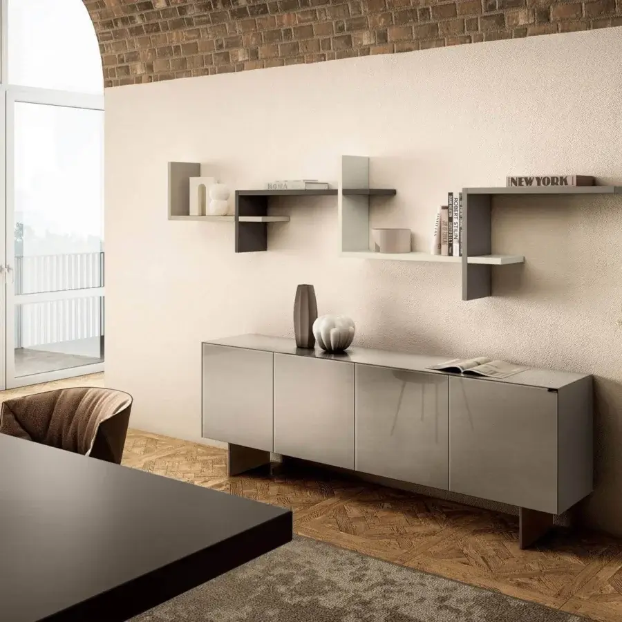 Superior Lago Materia sideboard with legs clad in muted gray XGlass exhibiting a smooth recessed base and push-to-pull opening
