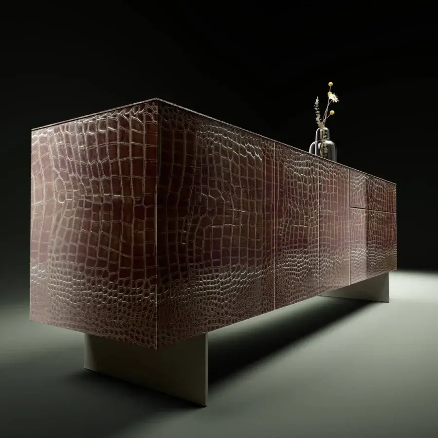 Elegant Lago Materia sideboard with legs displaying glossy dark brown crocodile-patterned XGlass and matte gray supports