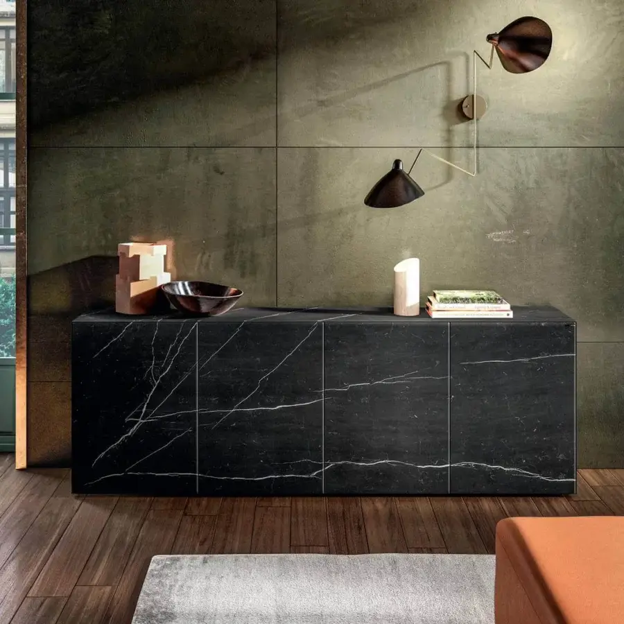 Exceptional Lago Materia sideboard in striking XGlass marble with deep black surfaces and bold white veining