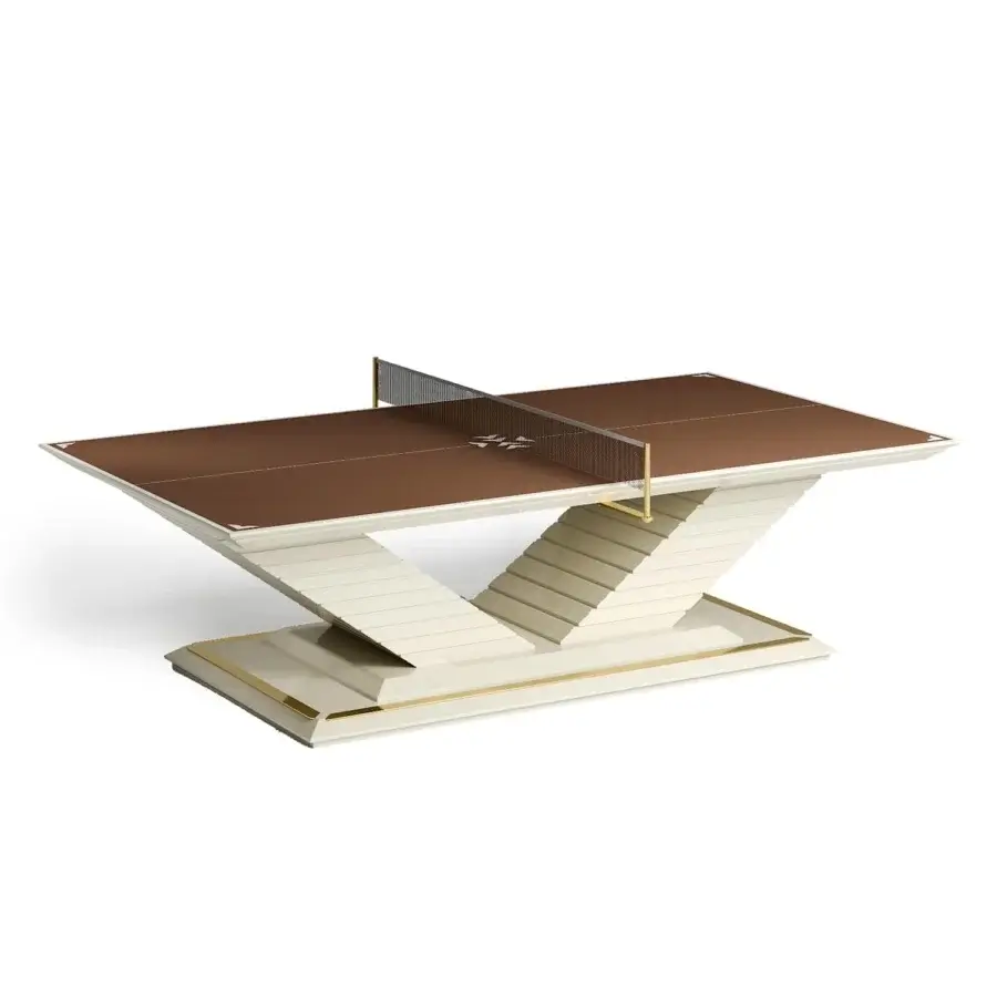Superior Vismara Arena table tennis table with extra matt lacquered top and lacquered V-shaped base crafted in cream with polished gold plated details