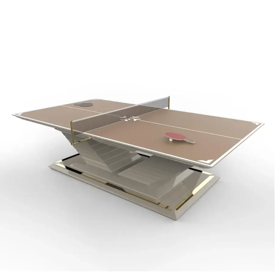 Exclusive Vismara Arena table tennis table crafted in Italy with extra matt lacquered top and lacquered wooden V-shaped base with polished gold plated details