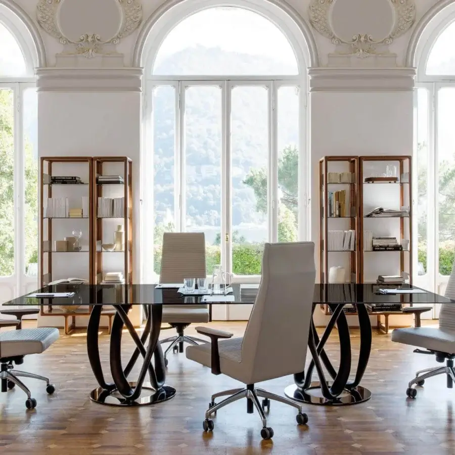 Exclusive Porada Elis armchair with light gray fabric, Canaletto walnut armrests and shiny aluminum five-star base