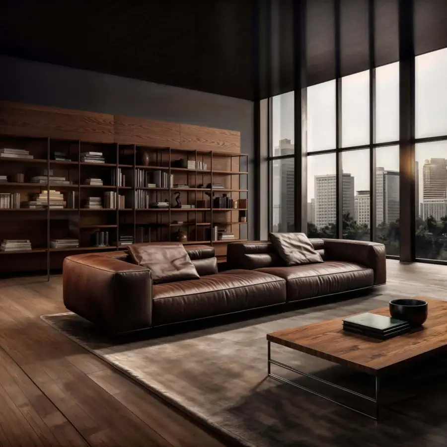 Distinguished WAYNE Enterprises WE-030 modular sofa upholstered in rich brown leather with a smooth matte finish