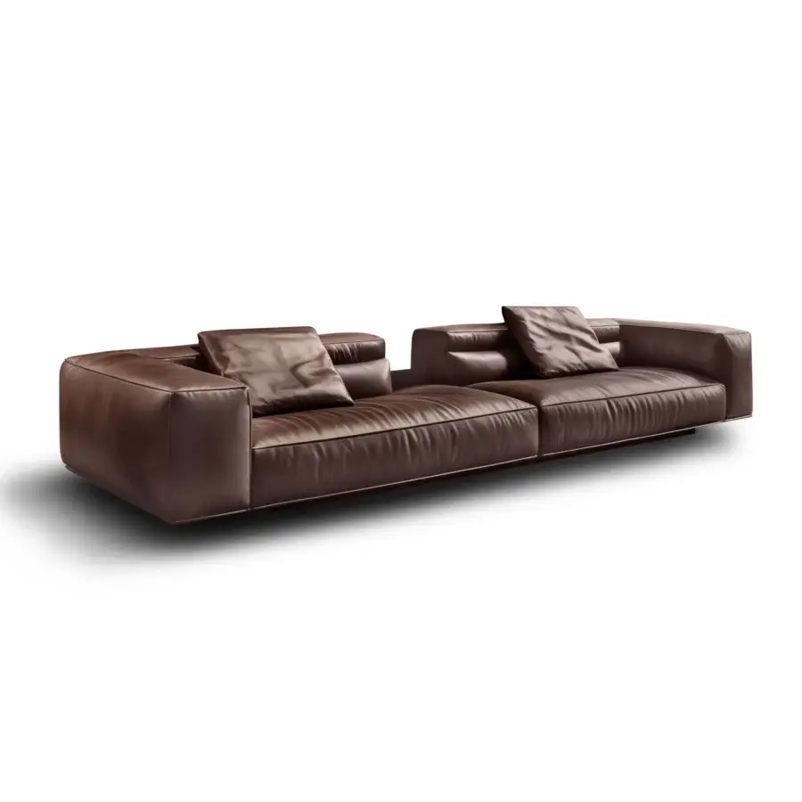 Exceptional WAYNE Enterprises WE-030 modular sofa upholstered in smooth brown leather with a lacquered base