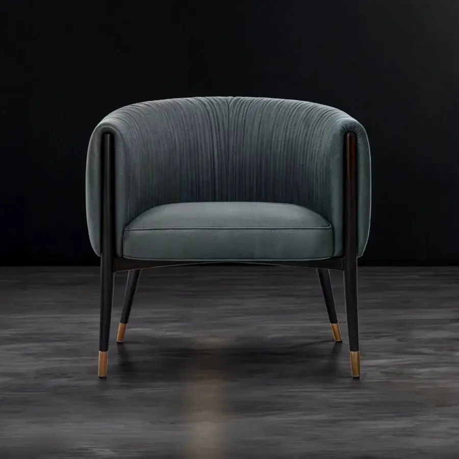 Superior WAYNE Enterprises WE-054 lounge chair with muted blue-gray textile upholstery and lacquered dark-finished solid wood construction