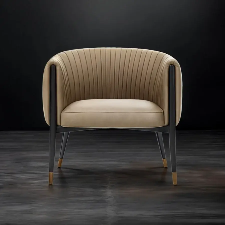 Distinguished WAYNE Enterprises WE-054 lounge chair with light beige fabric upholstery and lacquered feet built with a solid wood structure