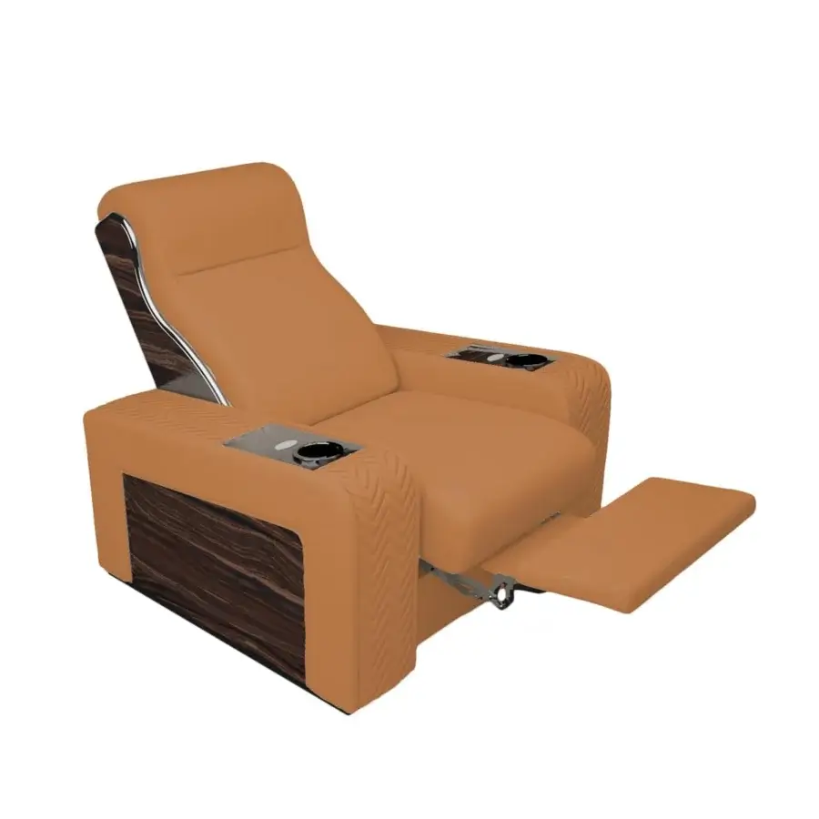 Exclusive Vismara Onassis Home Cinema seating in Coconut Milk leather with polished Ebony Makassar accents and chrome steel cupholders