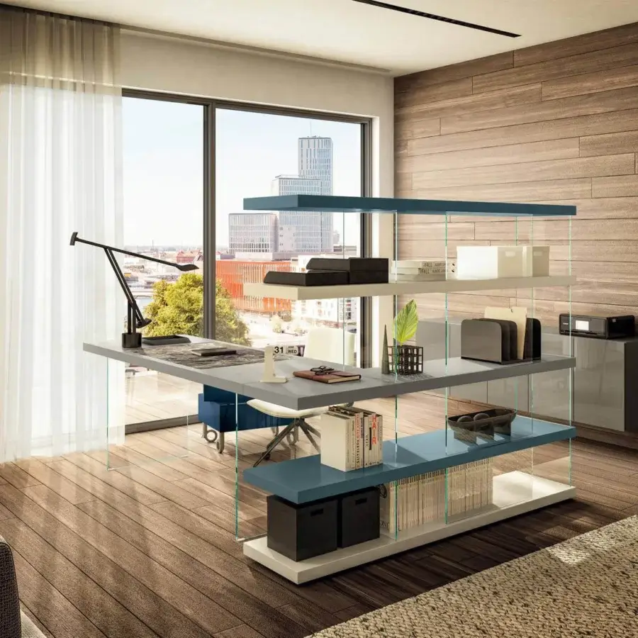 Distinguished Lago Air Study Unit bookshelf with a light gray tabletop, transparent glass legs and white shelves with blue edges