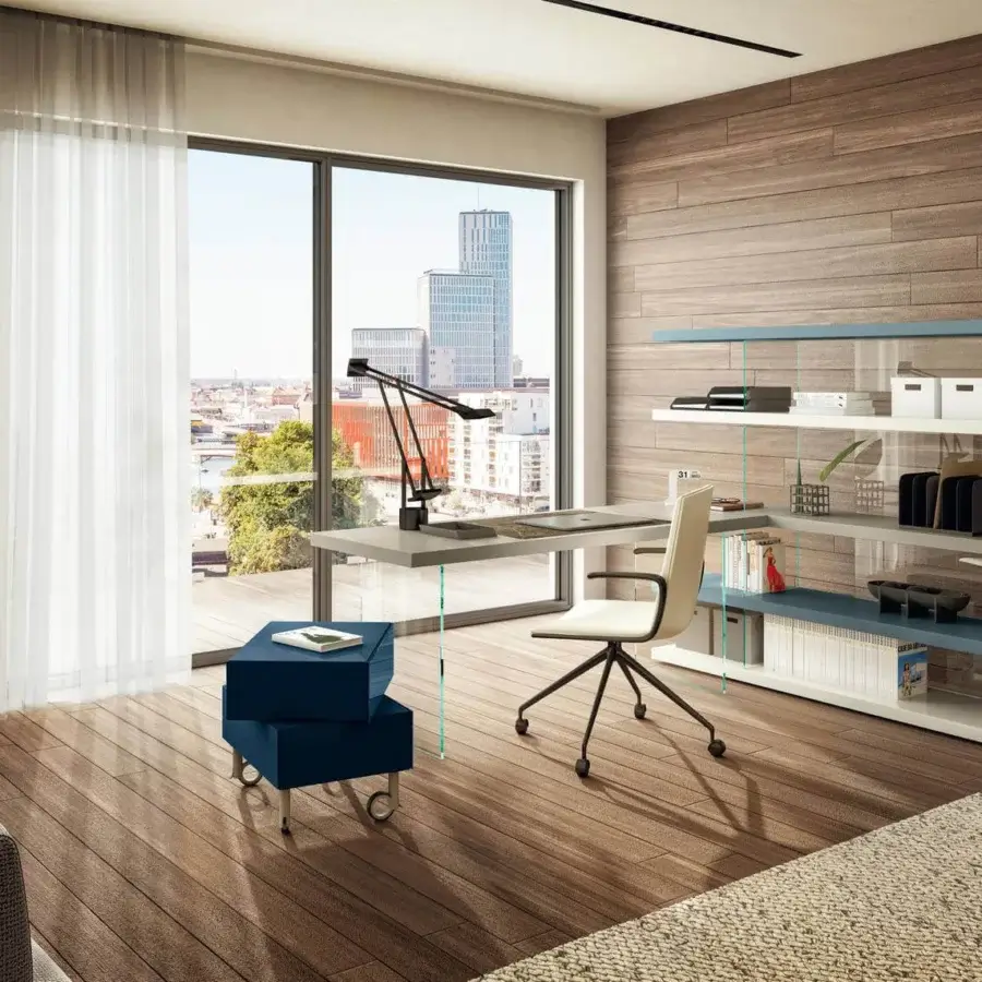 Elegant Lago Air Study Unit shelving with horizontally oriented white and grey surfaces, built with wood and glass accents