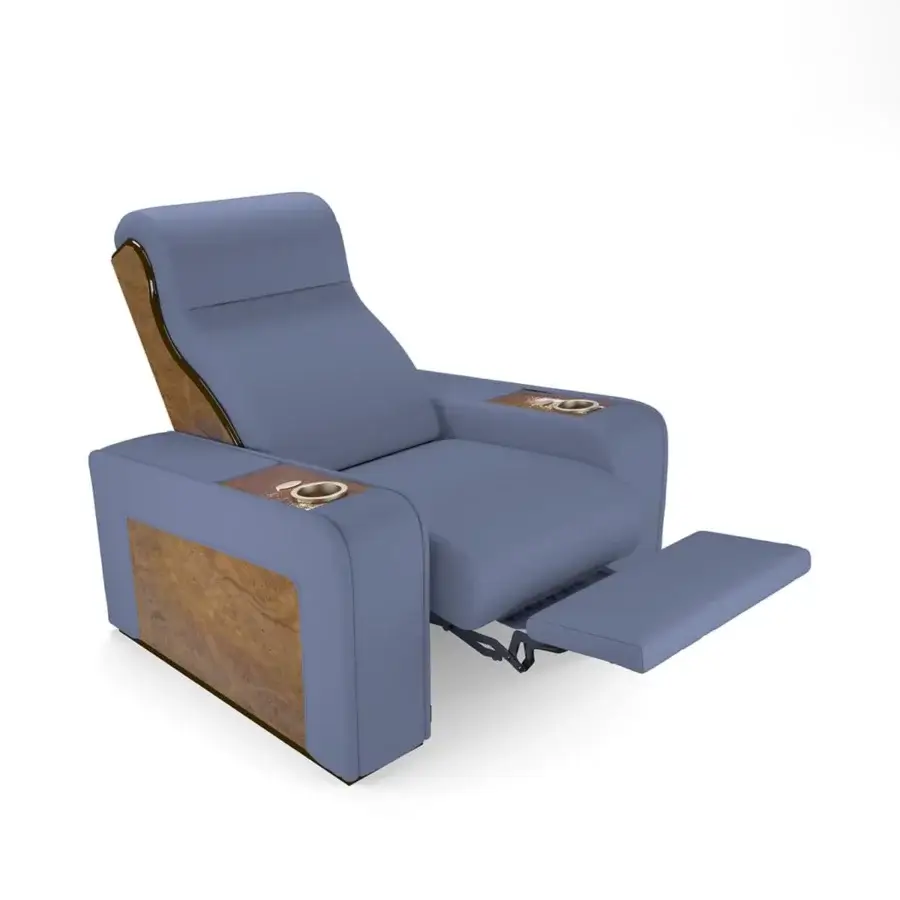 Lavish Vismara Onassis Home Cinema seating upholstered in Coconut Milk leather with polished Ebony Makassar accents