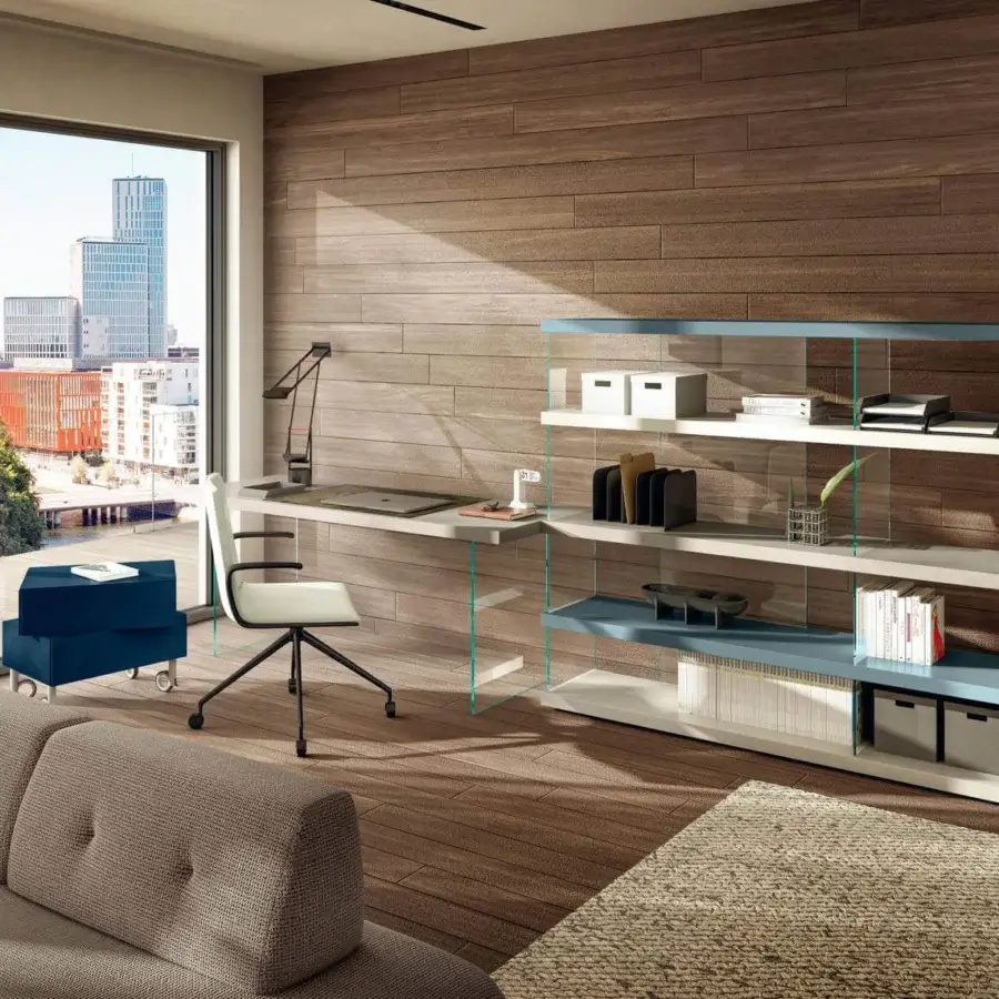Superior Lago Air Study Unit shelving with light gray matte wooden shelves and clear glass supports accented in medium blue tone