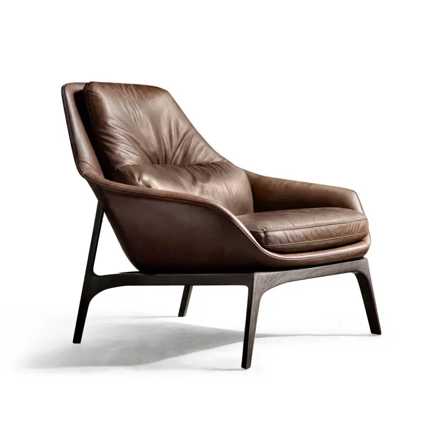 Exceptional Wayne Enterprises WE-053 lounge chair upholstered in smooth brown leather with a dark wooden frame crafted in Italy