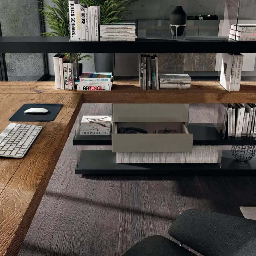 Exceptional Lago Air Study Unit bookshelf with built-in desk in rich brown wood and matte finish with a dark frame and light gray drawer