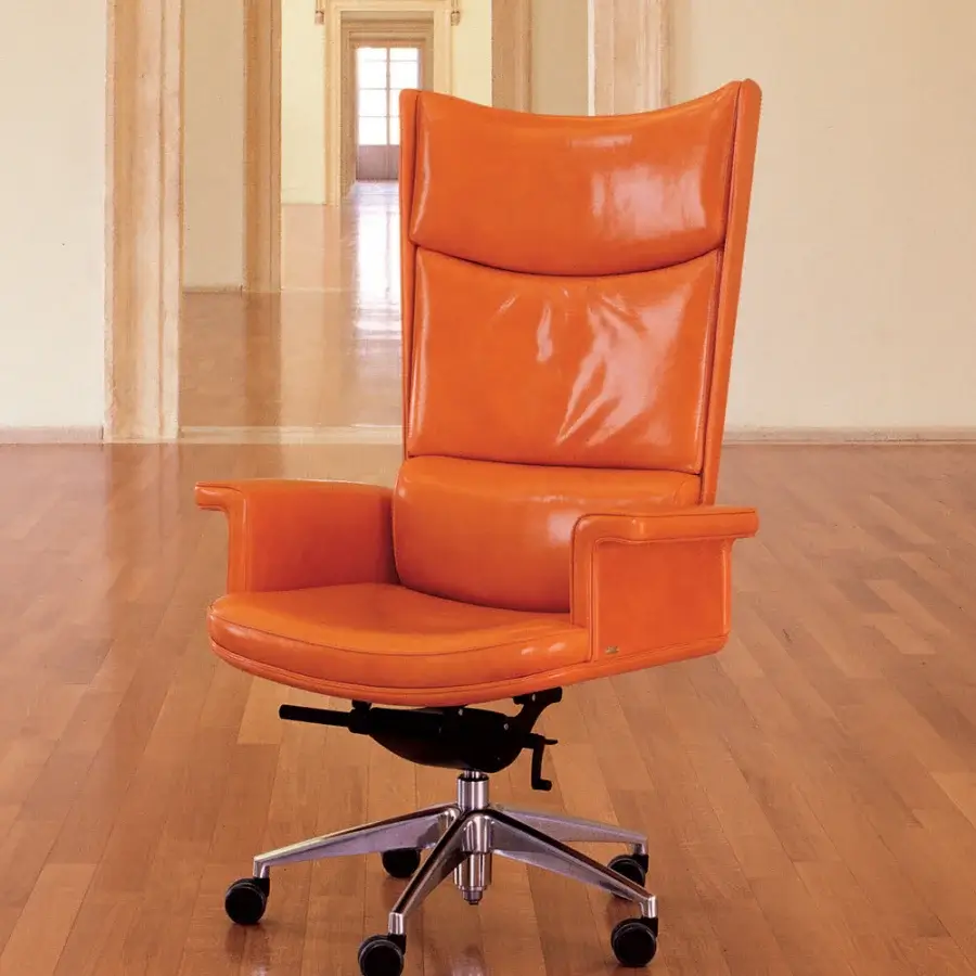 Distinguished Mascheroni Planet armchair in vibrant orange natural leather with a 5-spoke steel base and adaptable castors