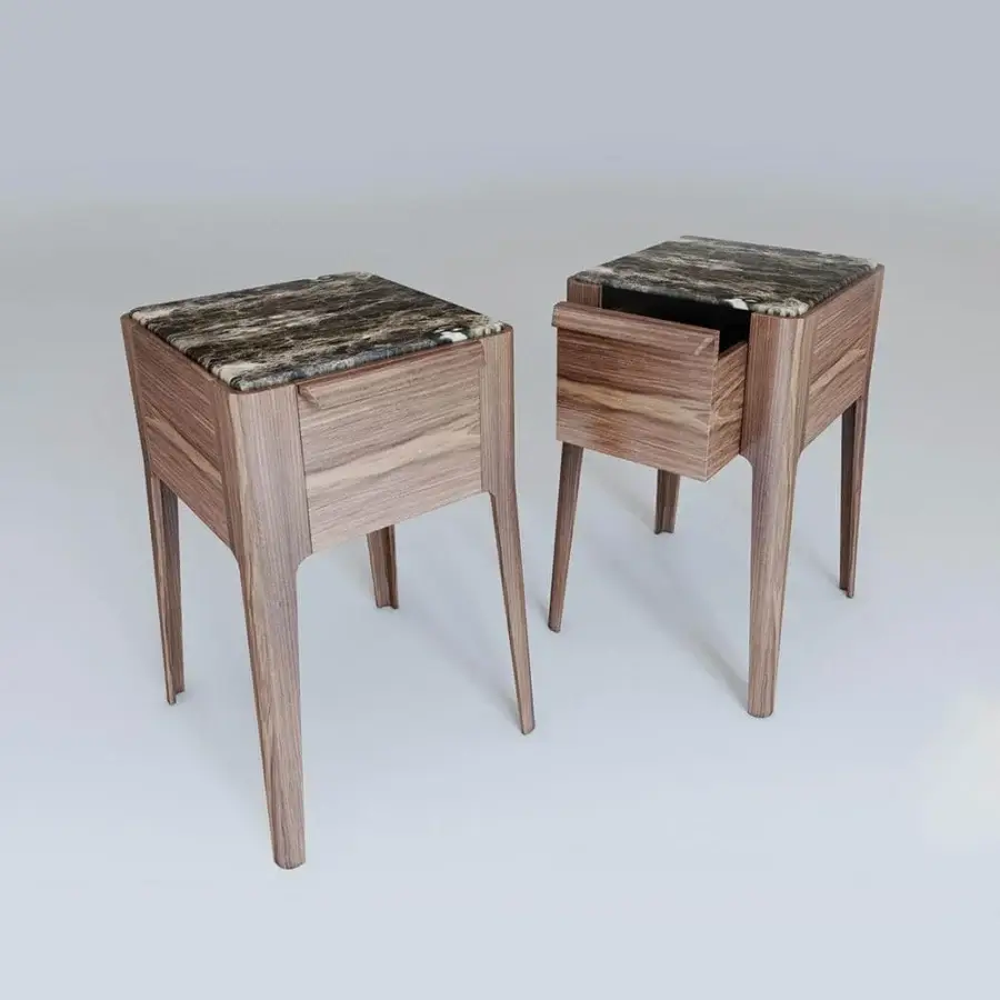Exceptional Porada Ziggy nightstand in solid canaletta walnut with a stone-like top displaying brown, grey, and cream patterns