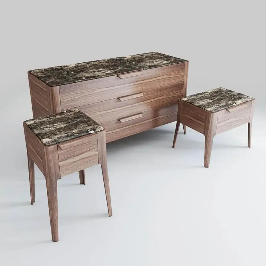 Superior Porada Ziggy nightstand in solid canaletta walnut with brown emperador dark marble top crafted with tapered legs