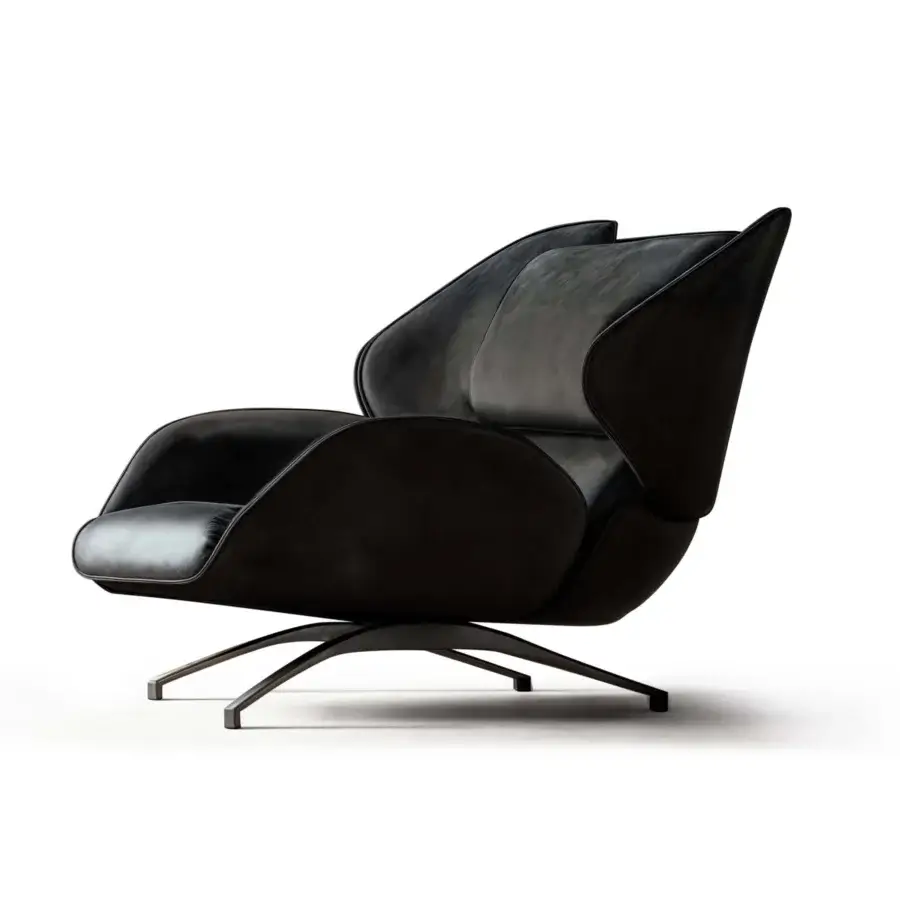 Distinguished WAYNE Enterprises WE-015 lounge chair with dark leather upholstery and matte metal base