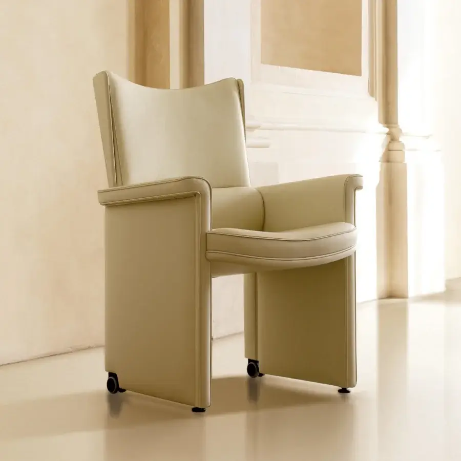 Exceptional Mascheroni Planet V armchair with birch shaped wood, natural leather in a light beige tone, and smooth finish