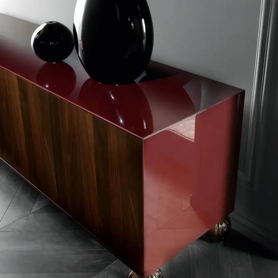 Distinguished Costantini Pietro Ambassador sideboard crafted in Italy with Castagno Toscano beech wood and spherical Murano glass feet