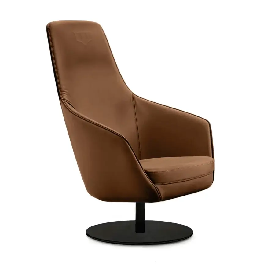 Sophisticated WAYNE Enterprises lounge chair with rich brown fabric upholstery and sleek black metal base