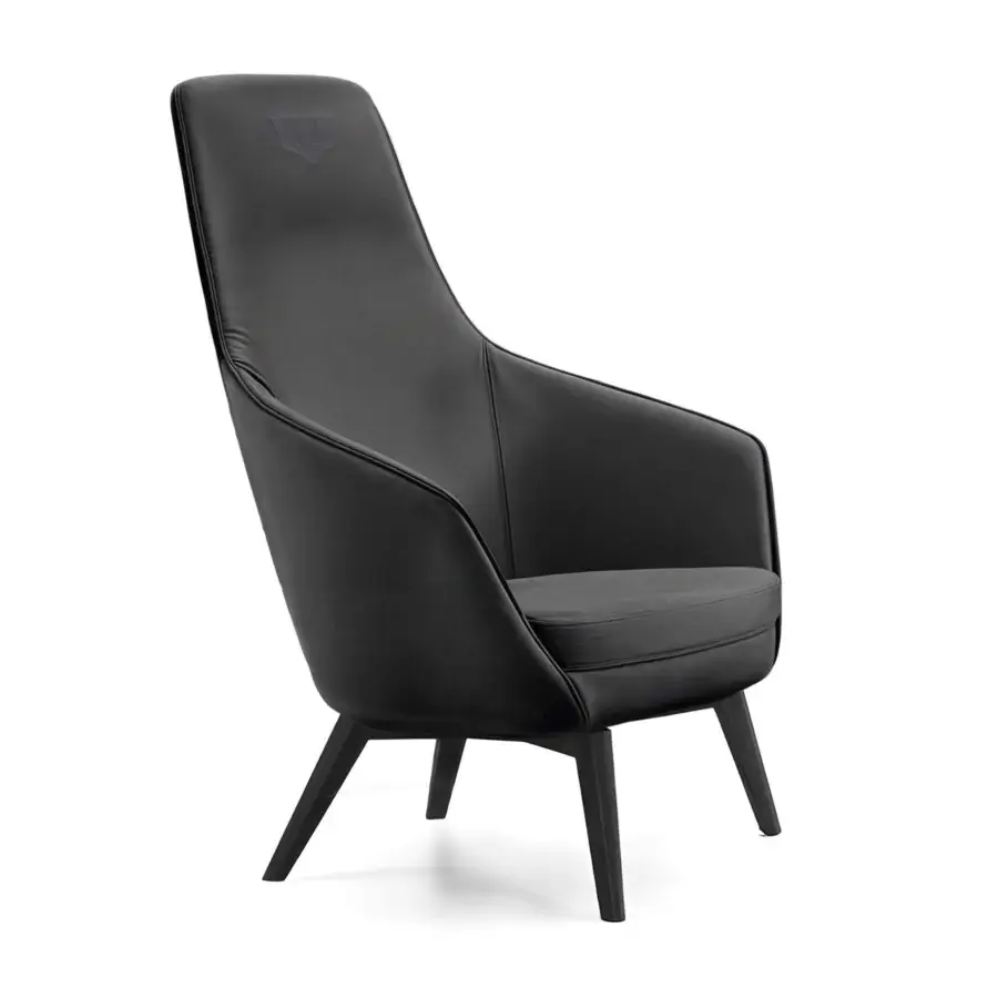 Exceptional WAYNE Enterprises lounge chair upholstered in black fabric with a matte finish and embossed detailing