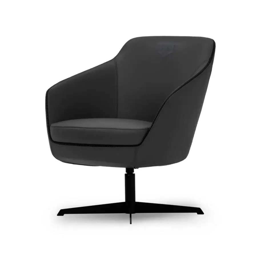 Distinguished WAYNE Enterprises lounge chair crafted in dark gray material with a sleek black metal swivel base
