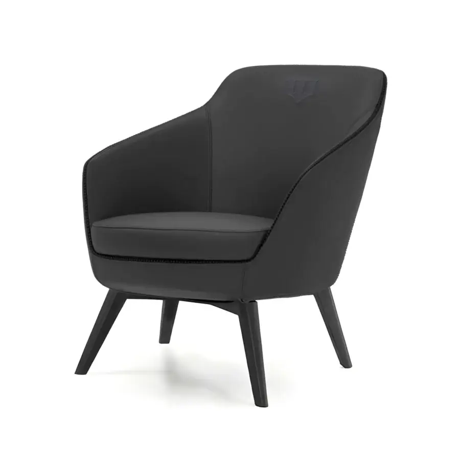 Superior WAYNE Enterprises lounge chair upholstered in black leather with a matte finish and tapered painted wood legs