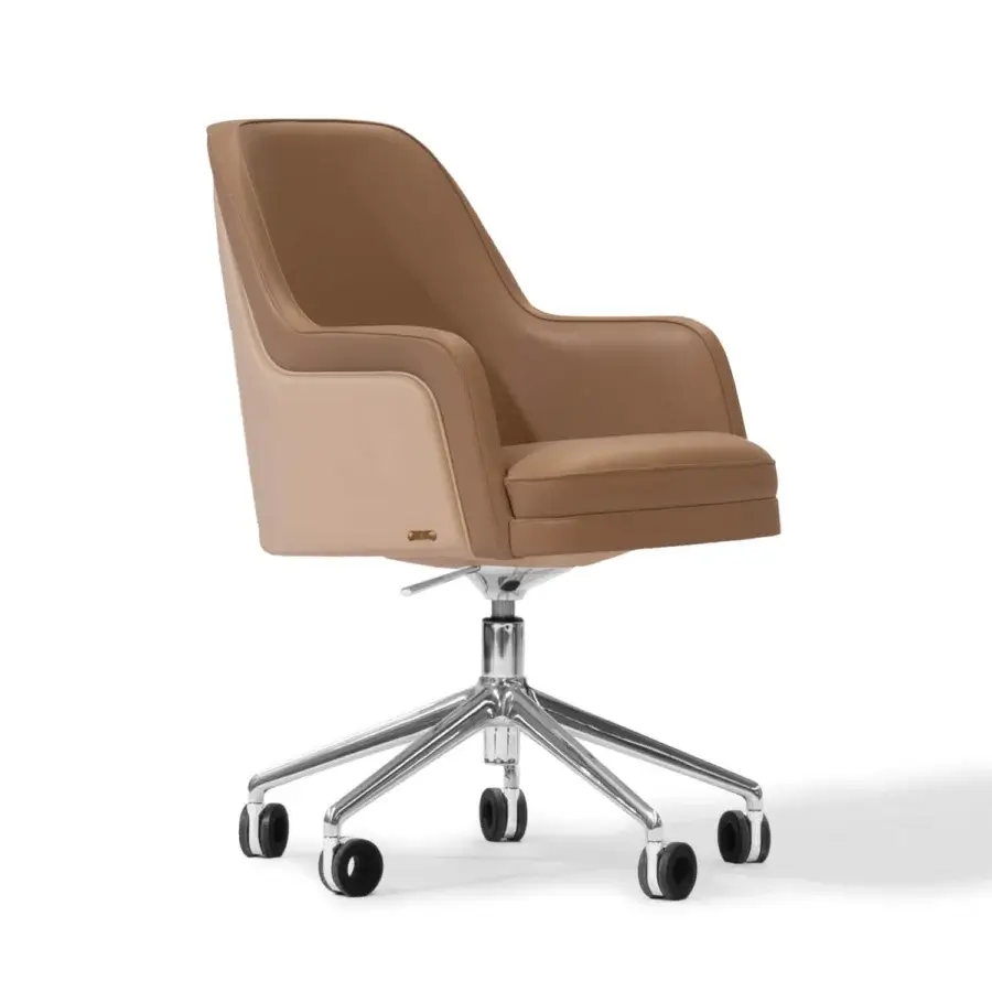 Stylish Mascheroni Gemma armchair with swiveling base upholstered in light tan and beige two-tone leather and smooth finish