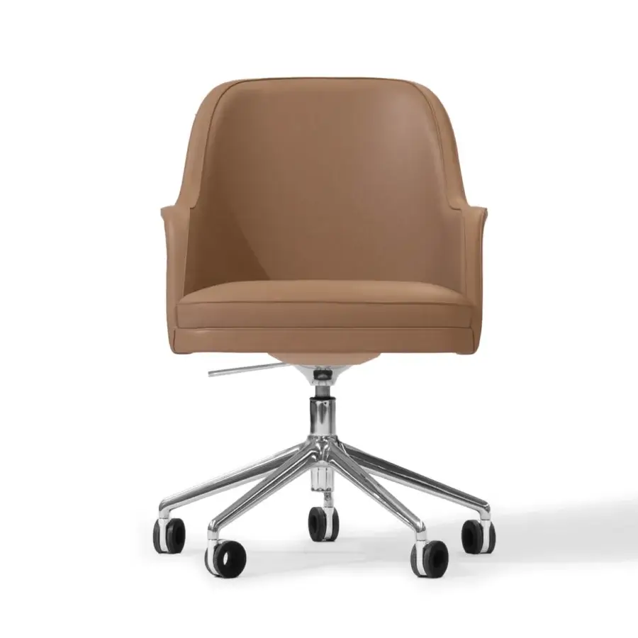 Superior Mascheroni Gemma armchair with curved birch stem and steel frame upholstered in smooth light brown leather