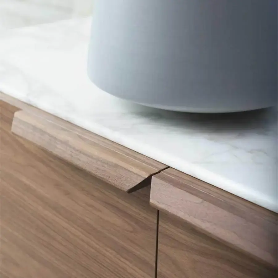 Exceptional Porada Atlante sideboard built in Canaletto walnut with white Calacatta Gold marble and a smooth matte finish