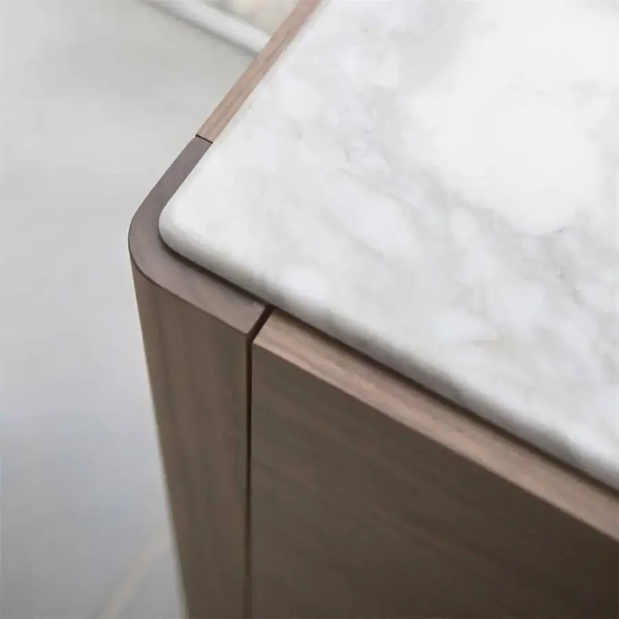 Sophisticated Porada Atlante sideboard built in canaletto walnut with white Calacatta gold marble and a smooth matte finish