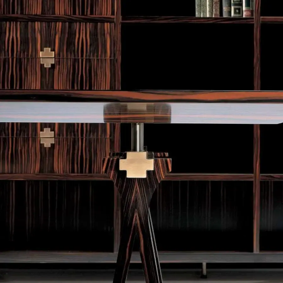 Distinguished OAK Kronos desk with ebony finished wood and bronzed brass details including a crystal glass insert