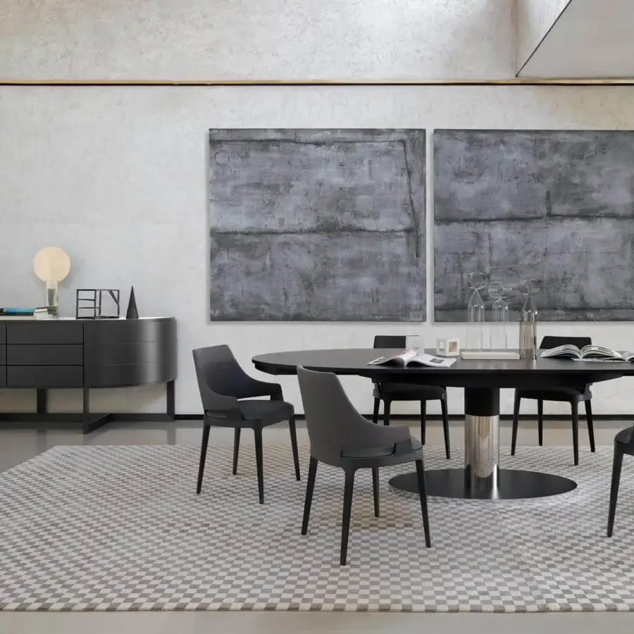 Elegant Potocco Diva sideboard with curved doors and multiple drawers in matte black oak and a linear black base