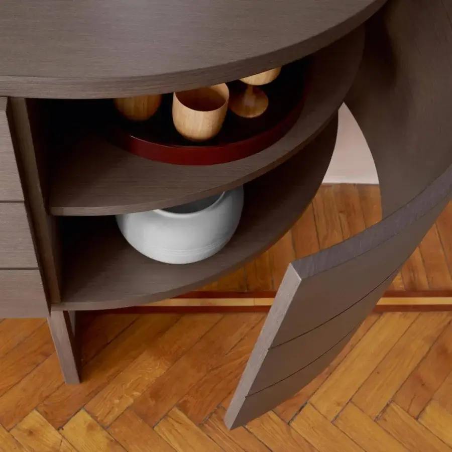 Distinguished Potocco Diva sideboard with oak structure displaying curved doors and geometric legs in a medium-toned brown finish