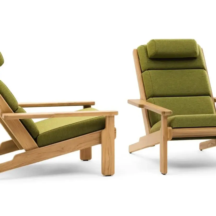 Distinguished Varaschin Bali Bergere lounge chair with light teak wood and olive green cushions crafted for outdoor relaxation