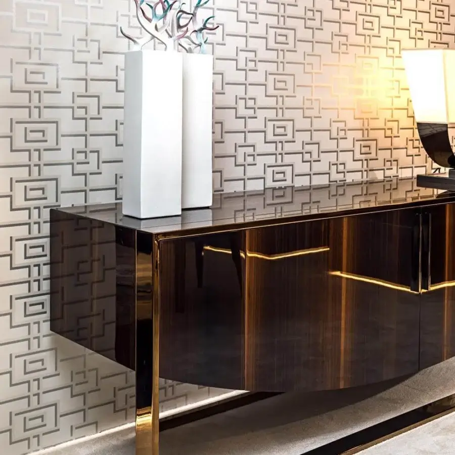 Captivating Costantini Pietro Eclipse sideboard with dark brown castagno toscano beech wood and linear chromed metal base, high gloss finish