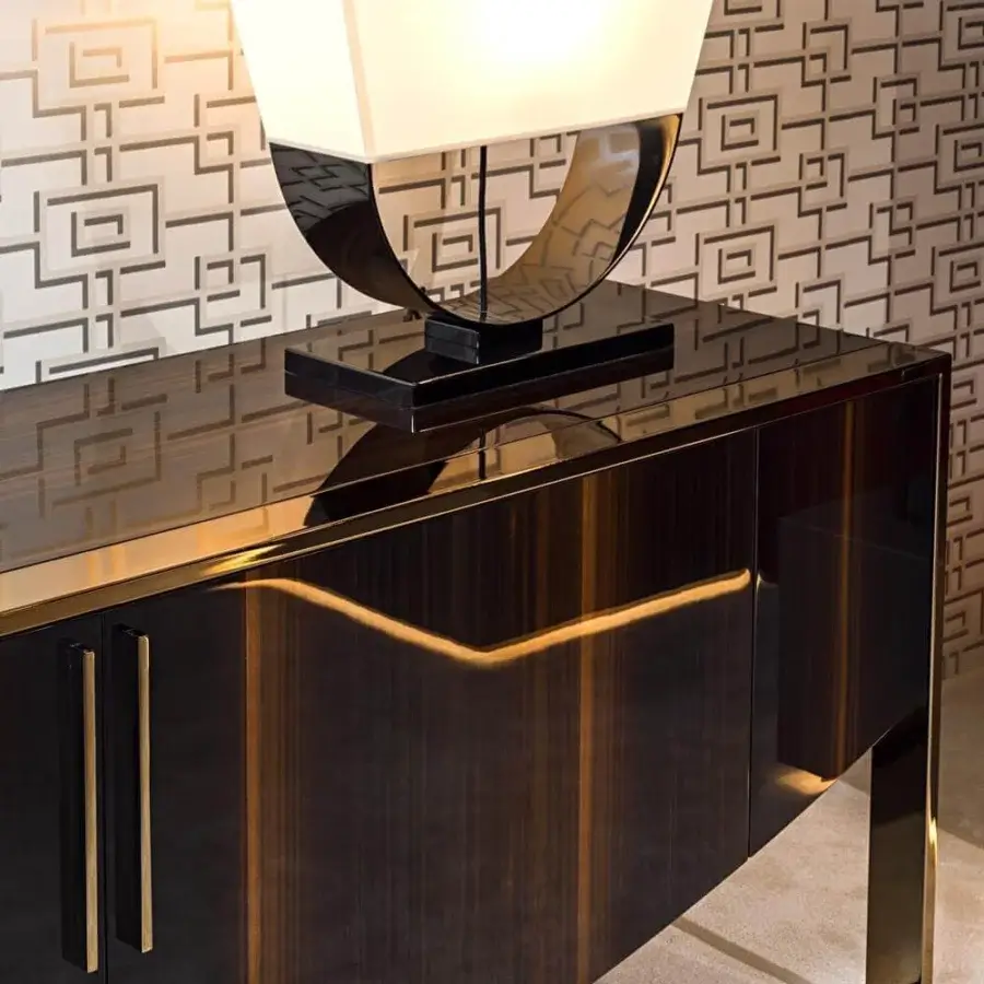 Superior Costantini Pietro Eclipse sideboard with dark brown castagno toscano beech wood and gold-toned inlays built on a chromed metal base