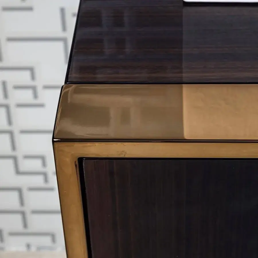 Exclusive Costantini Pietro Eclipse sideboard with castagno toscano beech wood and chromed metal base in high gloss finish