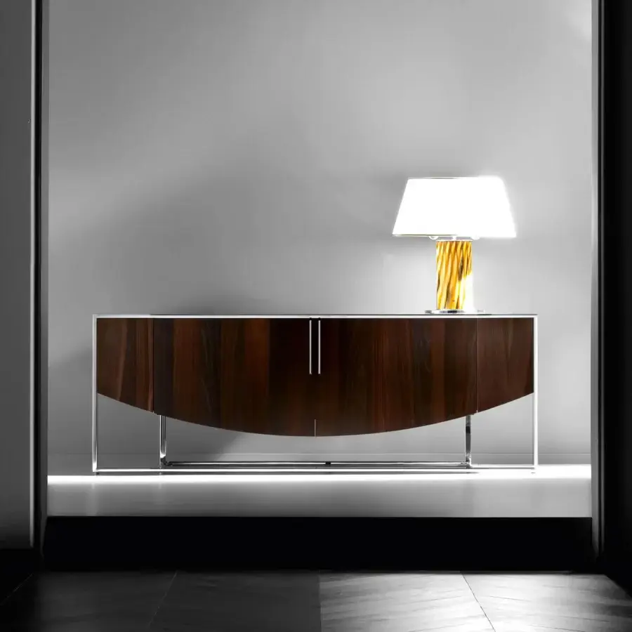 Distinguished Costantini Pietro Eclipse sideboard with castagno toscano beech wood, high gloss finish and bright chromed metal base