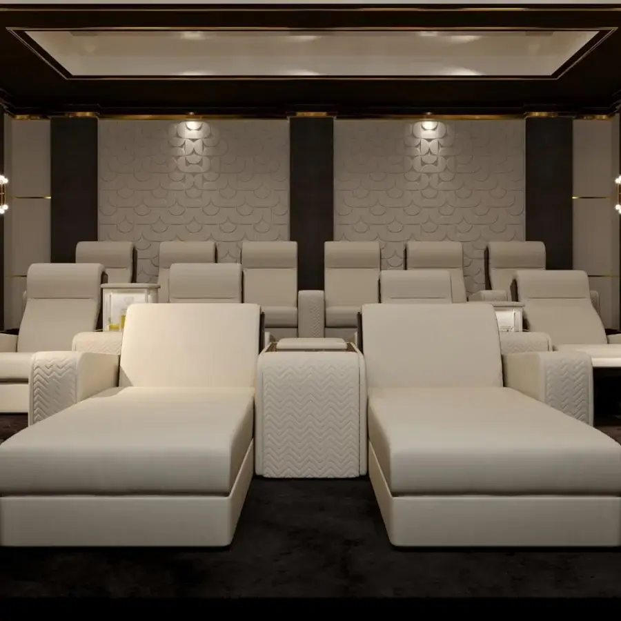 Distinguished Vismara Onassis Home Cinema seating upholstered in Coconut Milk leather with geometric patterned armrests and a luxurious aesthetic