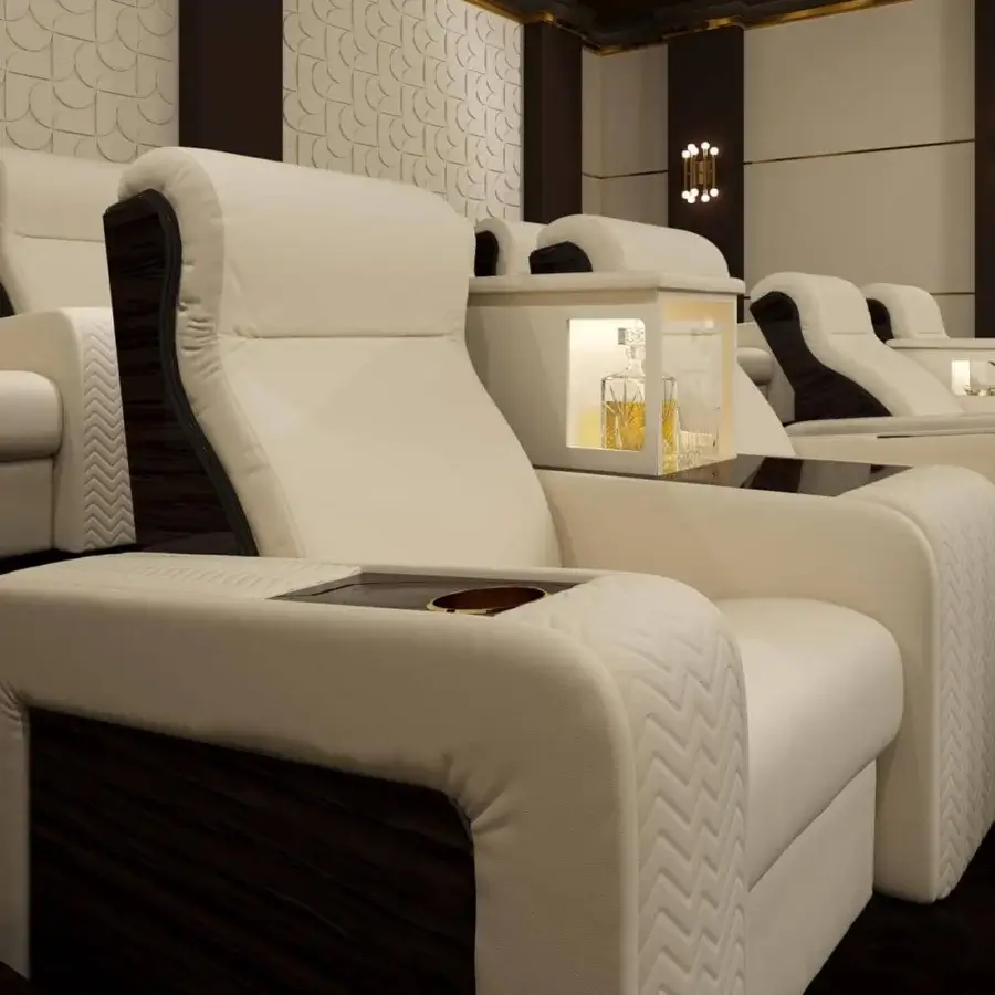 Exceptional Vismara Onassis Home Cinema seating with Coconut Milk fine-grained leather upholstery and polished Ebony Makassar trim