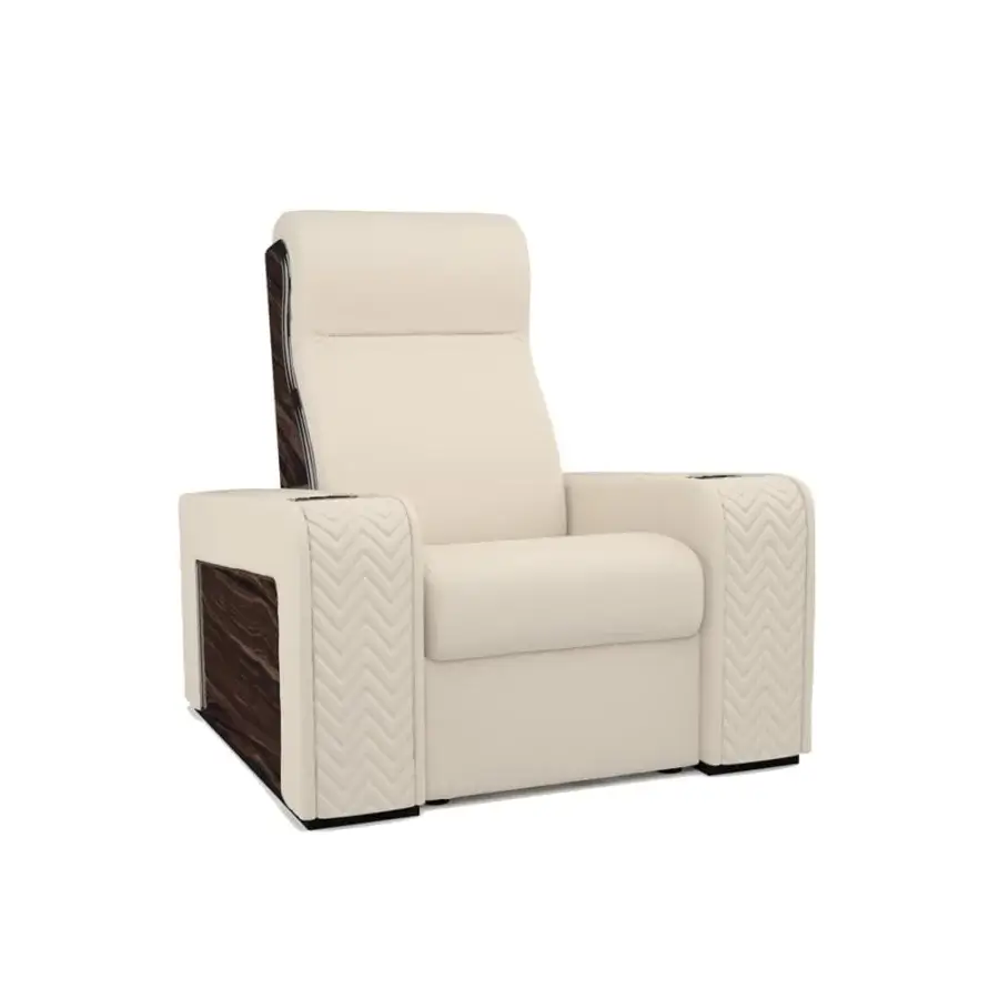 Lavish Vismara Onassis Home Cinema seating in Coconut Milk leather with dark polished Ebony Makassar accents and geometric quilting