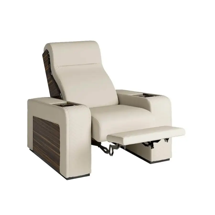 Superior Vismara Onassis Home Cinema seating in Coconut Milk leather with polished Ebony Makassar and chrome steel accents