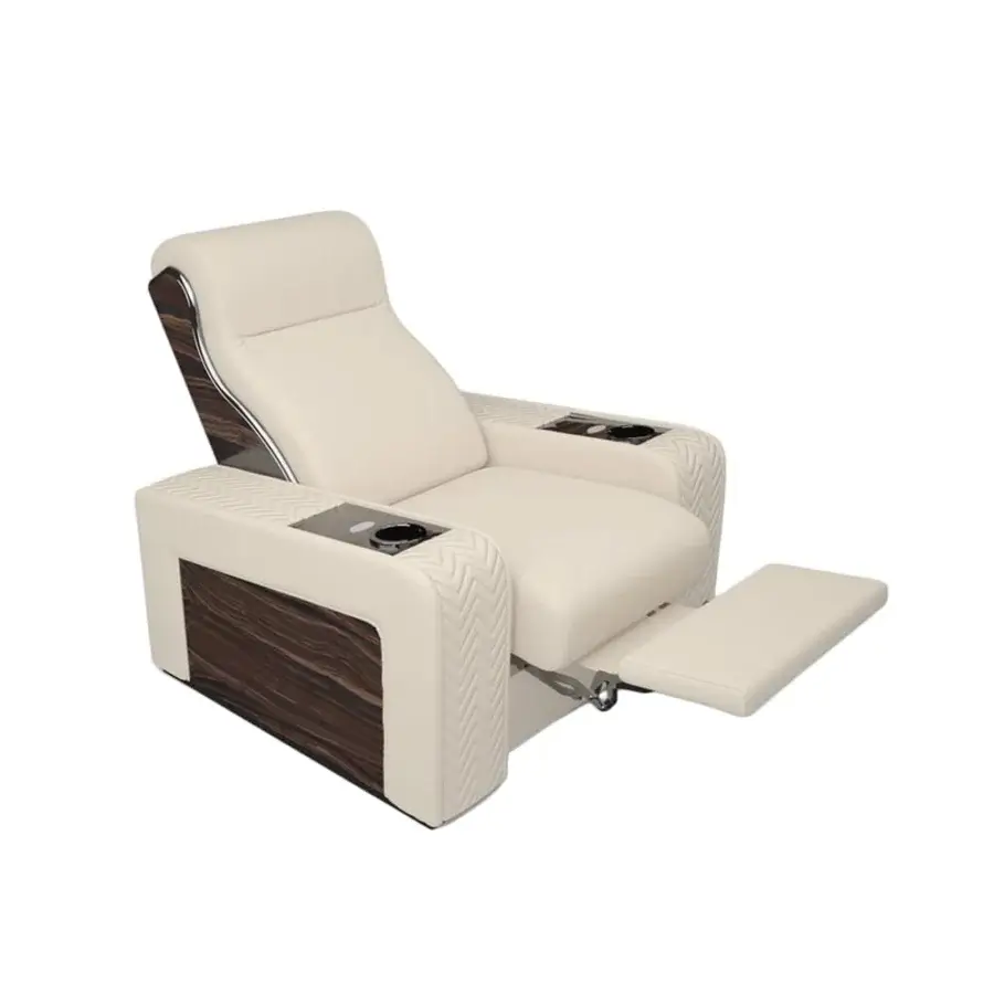 Exclusive Vismara Onassis Home Cinema seating crafted in Coconut Milk leather with polished Ebony Makassar accents and integrated chrome steel cupholders