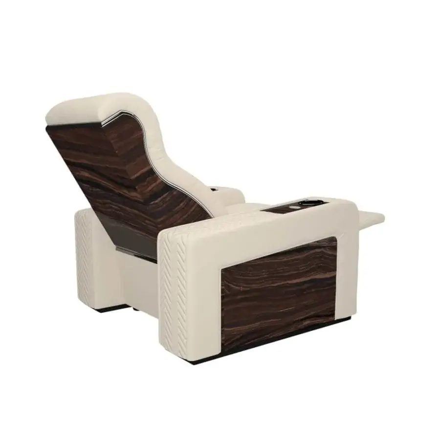 Distinguished Vismara Onassis Home Cinema seating crafted in Coconut Milk leather with polished Ebony Makassar accents and geometric quilting