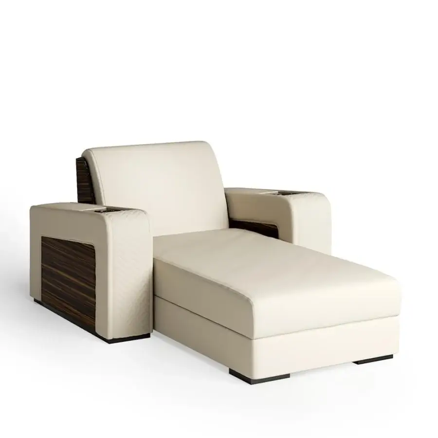 Captivating Vismara Onassis Home Cinema seating crafted in Coconut Milk leather with Ebony Makassar wood and chrome steel cupholders