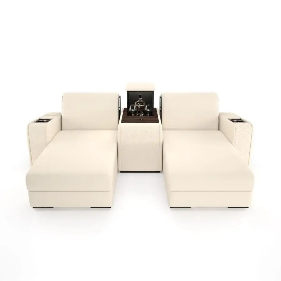 Superior Vismara Onassis Home Cinema seating built in Coconut Milk leather with Ebony Makassar and chrome steel accents