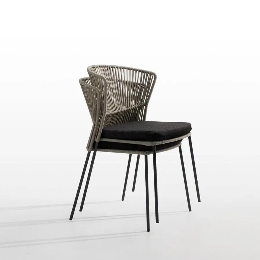 Elegant Potocco Ola chair with handwoven gray “Fly” ribbon backrest and matte black metal legs crafted in Italy